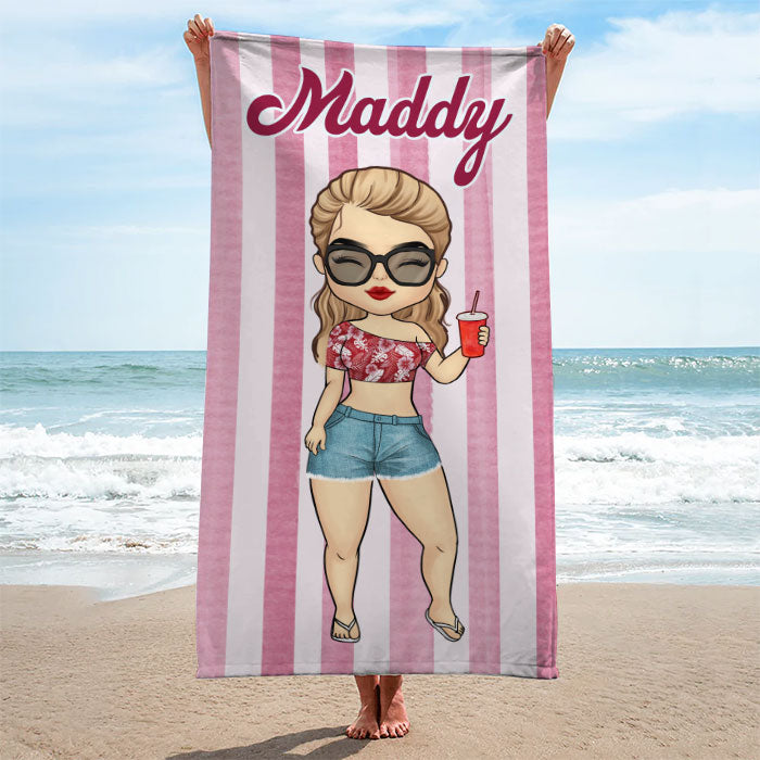 Stripe Pattern Chibi Summer Vacation - Personalized Beach Towel - Gift For Bestie