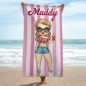 Stripe Pattern Chibi Summer Vacation - Personalized Beach Towel - Gift For Bestie
