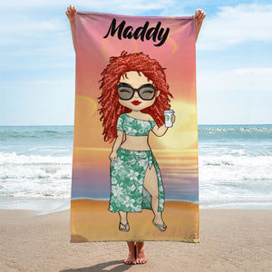 Chibi Couple Summer Holiday - Personalized Beach Towel - Gift For Couples, Husband & Wife