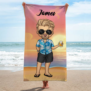 Couple Chibi Summer Vacation - Personalized Beach Towel - Gift For Couples, Husband & Wife