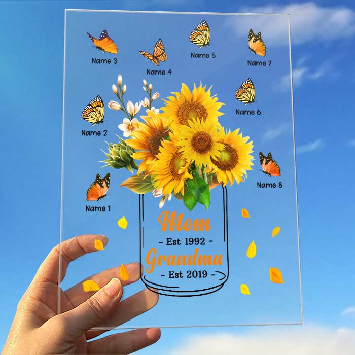 Sunflower Grandma Mom Loves Butterfly Kids  - Gift For Mom, Grandma - Personalized Acrylic Plaque