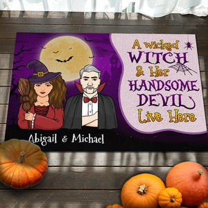 A Wicked Witch And Her Handsome Devil Live Here - Gift For Couples, Personalized Decorative Mat, Halloween Ideas..
