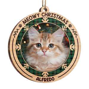 Merry Woofmas Meowy Christmas - Personalized Custom Round Shaped Wood Photo Christmas Ornament - Upload Image, Gift For Pet Lovers, Christmas Gift