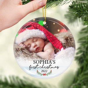 First Christmas 2022 - Personalized Custom Round Shaped Ceramic Photo Christmas Ornament - Upload Image, Gift For Family, Christmas Gift