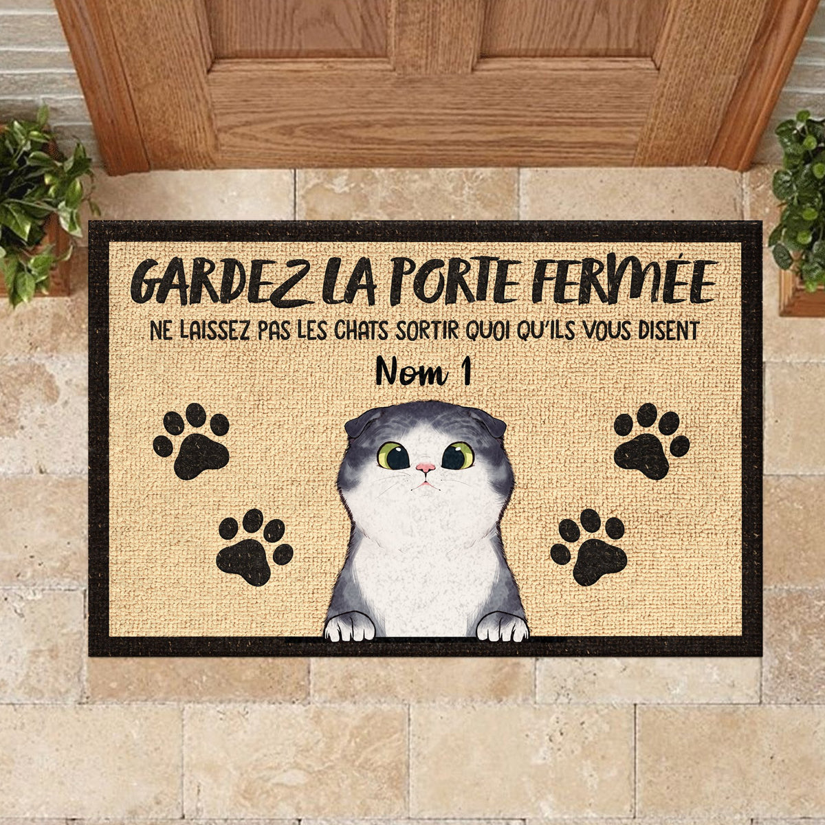 Gardez La Porte Fermée French - Funny Personalized Cat Decorative Mat.