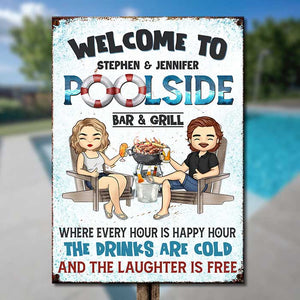Welcome To Poolside Bar & Grill - Personalized Metal Sign - Gift For Couples, Husband Wife
