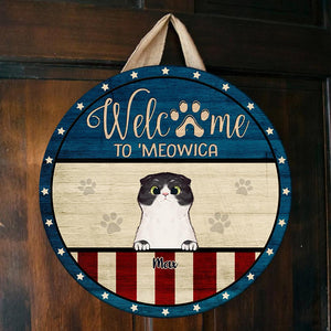 Welcome To 'Meowica - Funny Personalized Cat Door Sign.