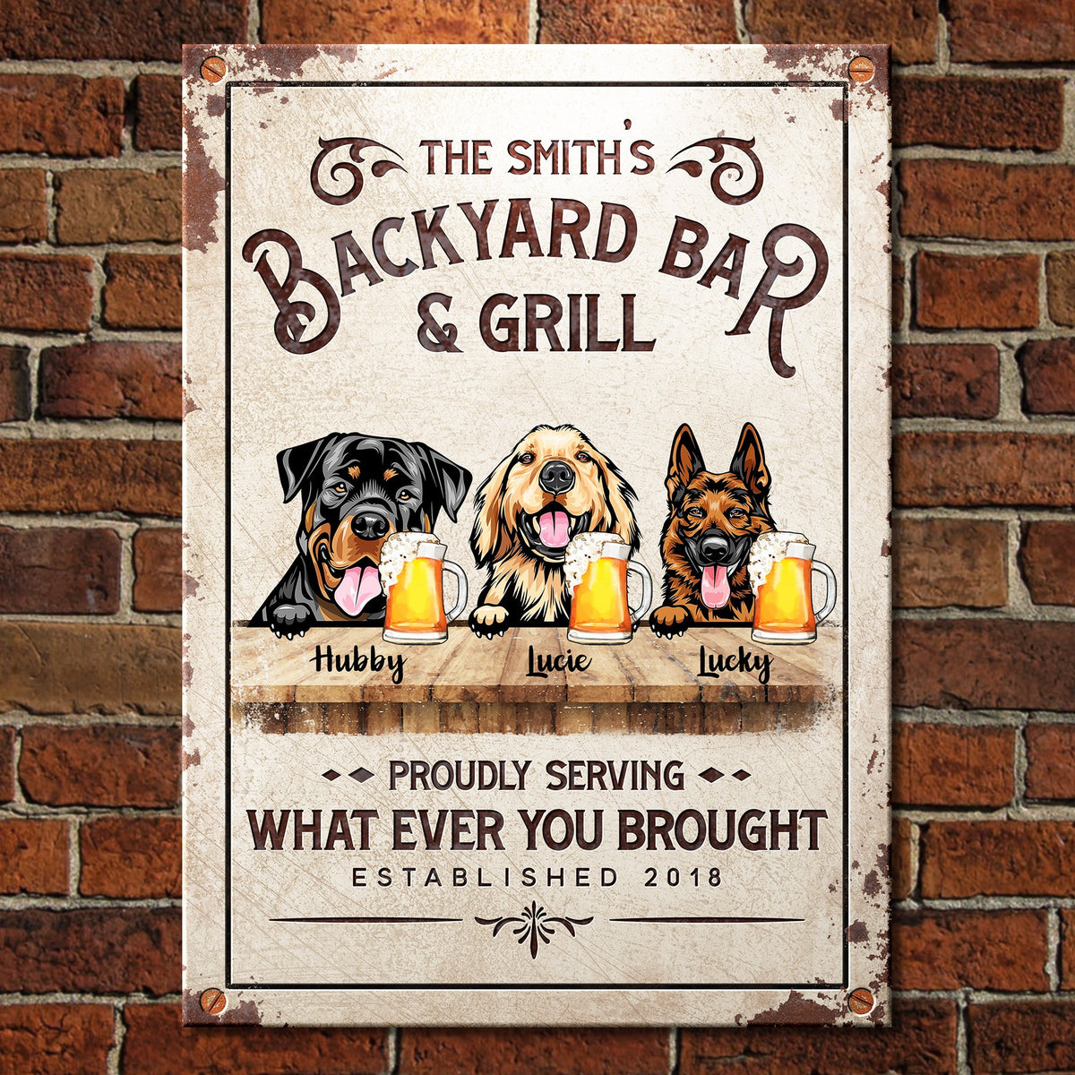 Backyard Bar & Grill - Funny Personalized Dog Metal Sign.