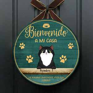 Bienvenido A Mi Casa - Letrero de puerta de gato personalizado y divertido, Funny Personalized Cat Door Sign Spanish.