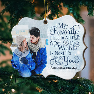 My Favorite Place Is Next To You - Upload Image, Gift For Couples, Husband Wife - Personalized Custom Benelux Shaped Wood Christmas Ornament