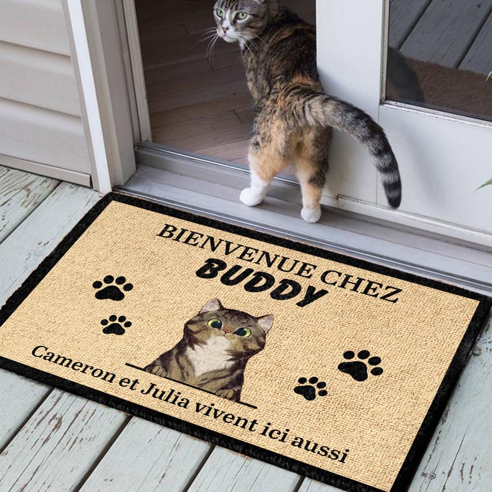 Bienvenue personnalisée à la Maison du Chat French- Funny Personalized Cat Decorative Mat.
