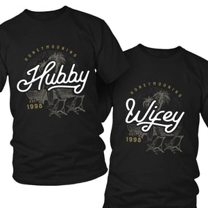 Honeymooning Hubby Wifey - Personalized Matching Couple T-Shirt - Gift For Couple, Husband Wife, Anniversary, Engagement, Wedding, Marriage Gift