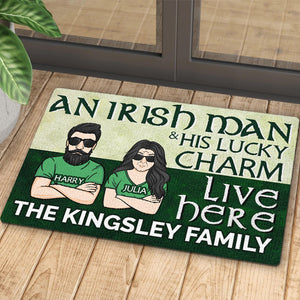 An Irish Man & His Lucky Charm Live Here - Gift For Couples, Husband Wife, St. Patrick's Day - Personalized Decorative Mat.
