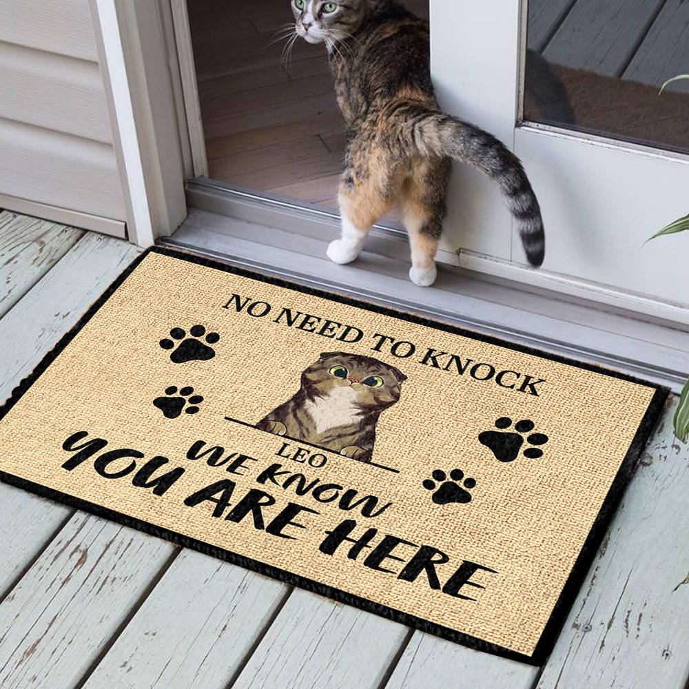 We Know You Are Here - Funny Personalized Cat Decorative Mat.