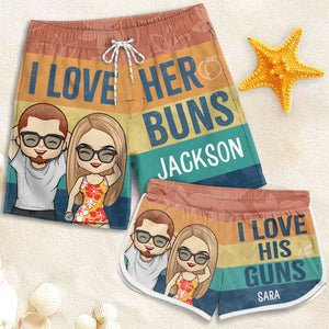 Love Her Buns His Guns - Personalized Couple Beach Shorts - Gift For Couples, Husband Wife