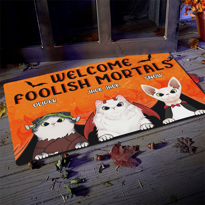 Welcome Foolish Mortals - Cats Halloween - Personalized Decorative Mat.