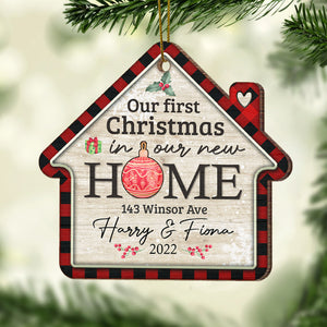 Our First Christmas In Our New Home - Gift For Couples, Husband Wife, Personalized Custom House Shaped Wood Christmas Ornament