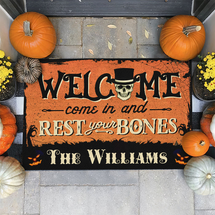 Come In And Rest Your Bones - Personalized Decorative Mat, Halloween Ideas..