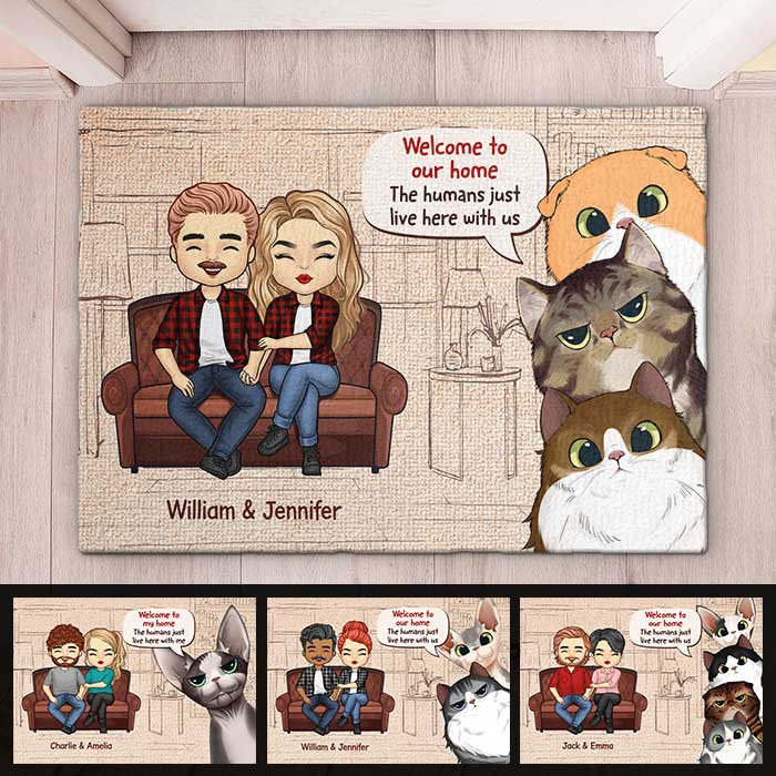 Welcome To Our Home - Couple And Cats, Gift For Cat Lovers - Personalized Decorative Mat.
