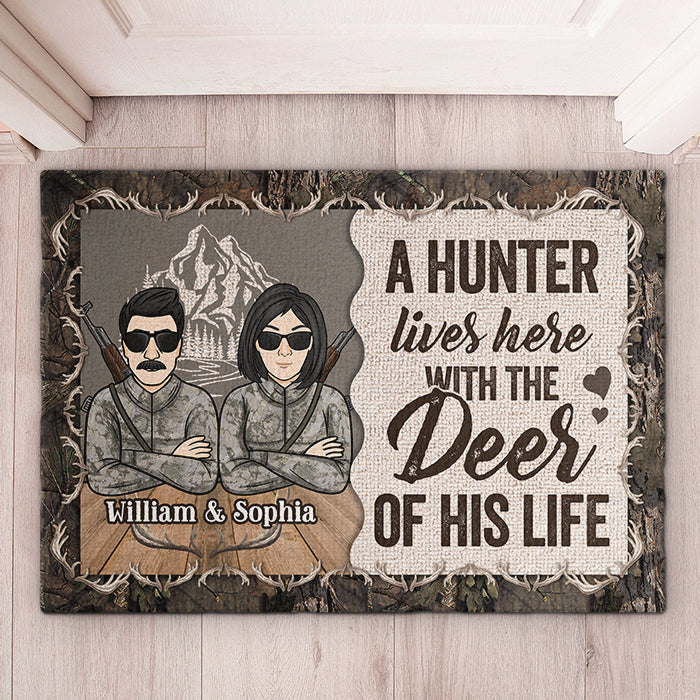 A Hunter Lives With The Deer Of His Life - Gift For Hunting Couples, Personalized Decorative Mat.