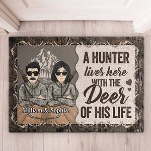 A Hunter Lives With The Deer Of His Life - Gift For Hunting Couples, Personalized Decorative Mat.