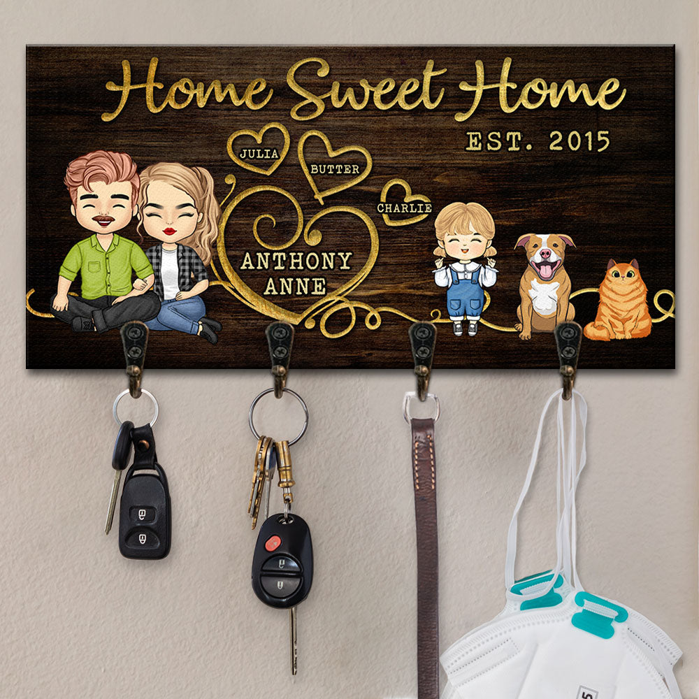 B Home Sweet Home Parents, Kids & Pets - Personalized Key Hanger, Key Holder - Anniversary Gifts, Gift for Couples, Husband Wife - 12 x 6 
