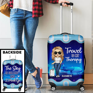 Travel Is My Therapy, The Sky Is Calling And I Must Go - Gift For Bestie - Personalized Luggage Cover