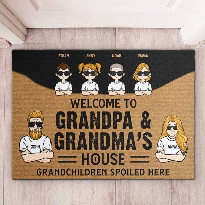 Welcome To Grandpa & Grandma's House, Grandchildren Spoiled Here - Gift For Couples, Husband Wife - Personalized Decorative Mat