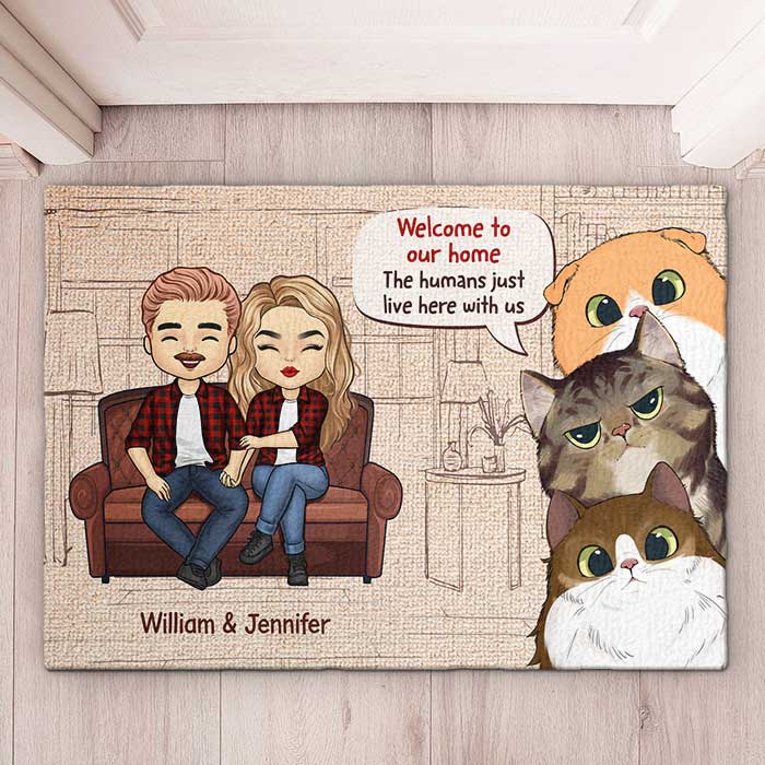 Welcome To Our Home - Couple And Cats, Gift For Cat Lovers - Personalized Decorative Mat.