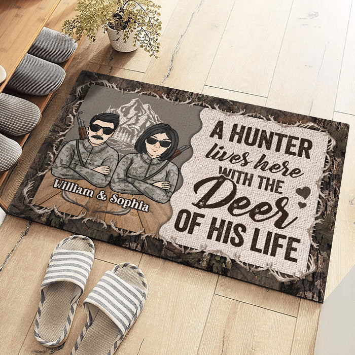 A Hunter Lives With The Deer Of His Life - Gift For Hunting Couples, Personalized Decorative Mat.