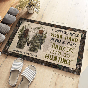 I Want To Hold Your Hand At 80 & Say Baby Let's Go Hunting - Gift For Hunting Couples, Personalized Decorative Mat.