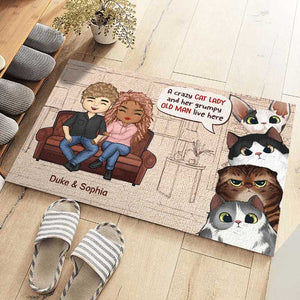 A Crazy Cat Lady And Her Grumpy Old Man Live Here - Gift For Cat Lovers, Personalized Decorative Mat.