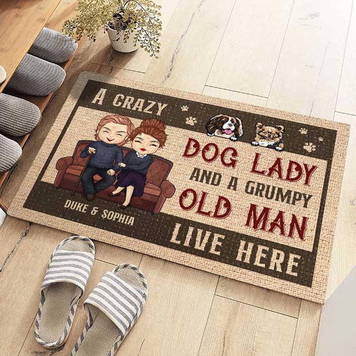 A Crazy Dog Lady & Her Man - Personalized Decorative Mat - Gift For Couples, Gift For Pet Lovers