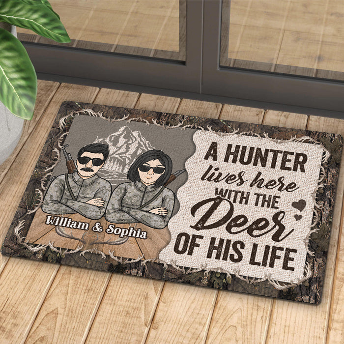 A Hunter Lives With The Deer Of His Life - Gift For Hunting Couples, Personalized Decorative Mat.