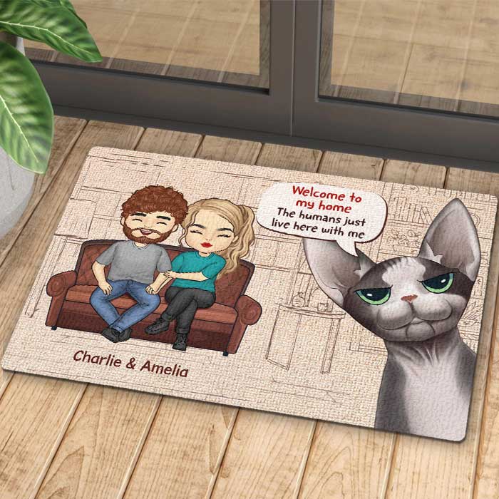 Welcome To Our Home - Couple And Cats, Gift For Cat Lovers - Personalized Decorative Mat.