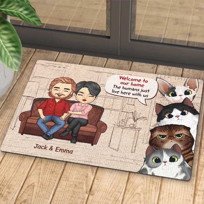 Welcome To Our Home - Couple And Cats, Gift For Cat Lovers - Personalized Decorative Mat.