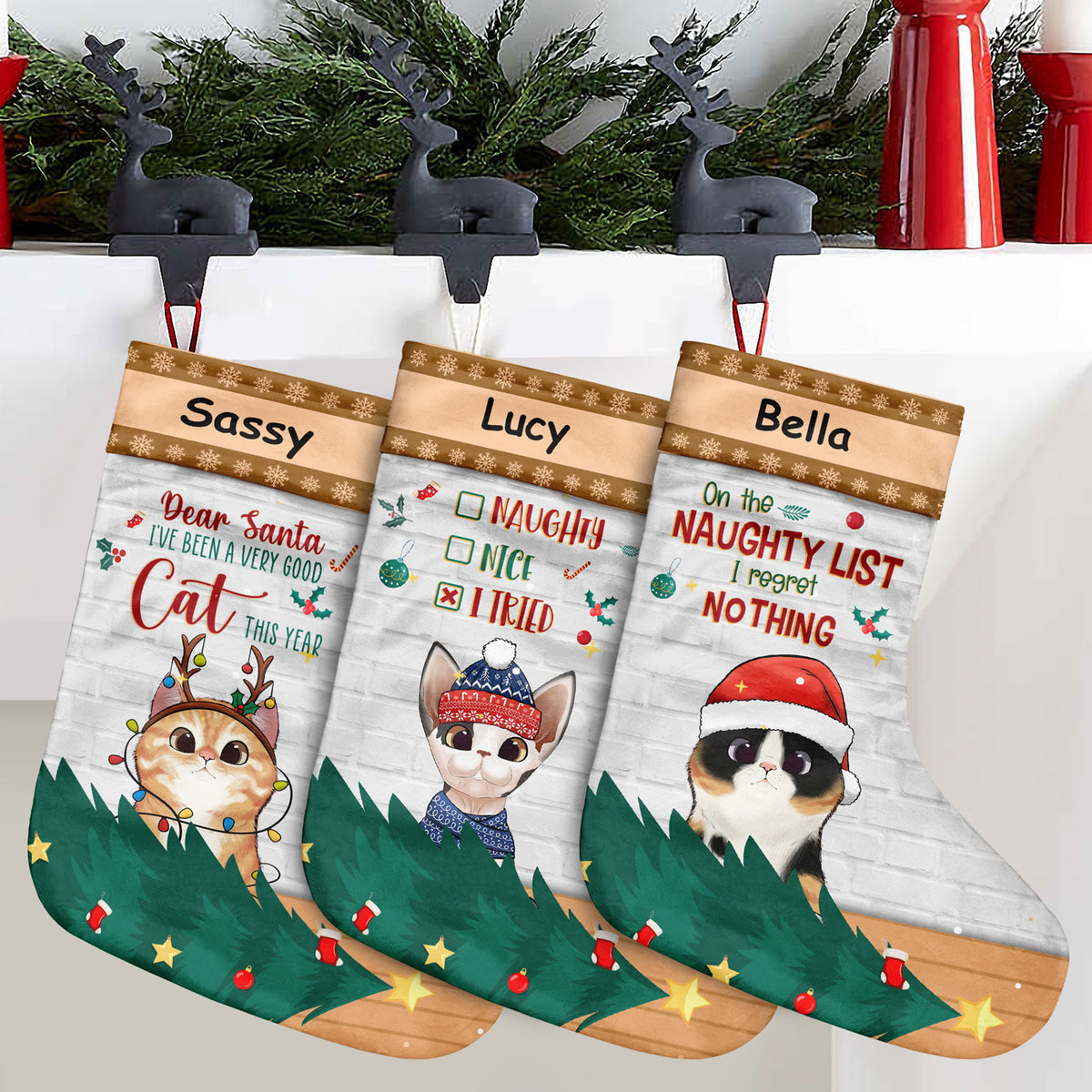Naughty - Nice - I tried - Cat Christmas Costumes - Personalized Christmas Stocking.