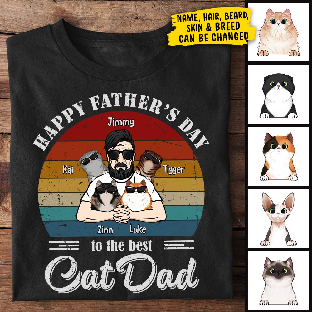 Best Cat Dad Cool Peeking Cats - Personalized Unisex T-Shirt, Father's Day Gift, Custom Gift For Cat Lovers.