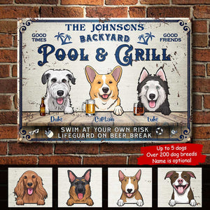 Backyard Pool & Grill - Funny Personalized Dog Metal Sign.