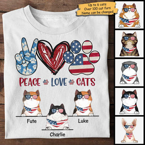 Peace Love Cats - Gift For 4th Of July, Personalized Unisex T-Shirt.