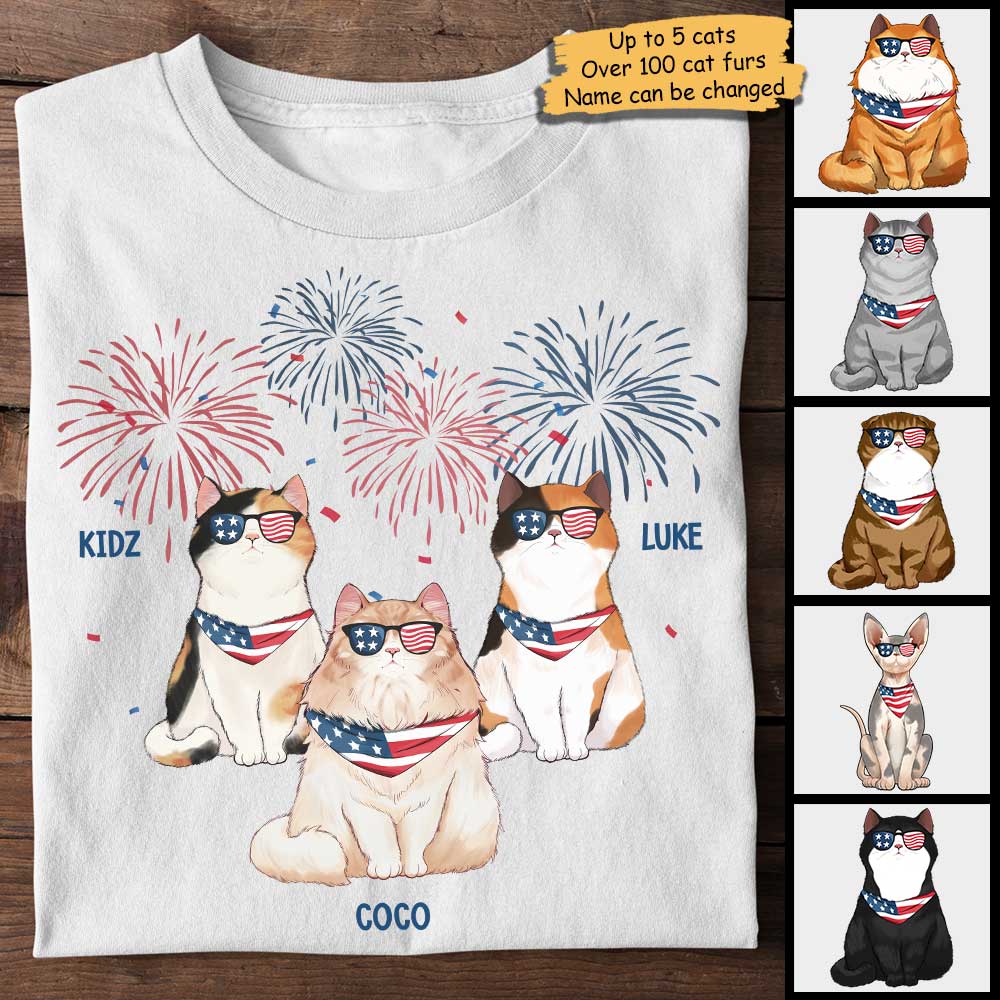 Independence Day Firework Cats - Gift For 4th Of July - Personalized Unisex T-Shirt.