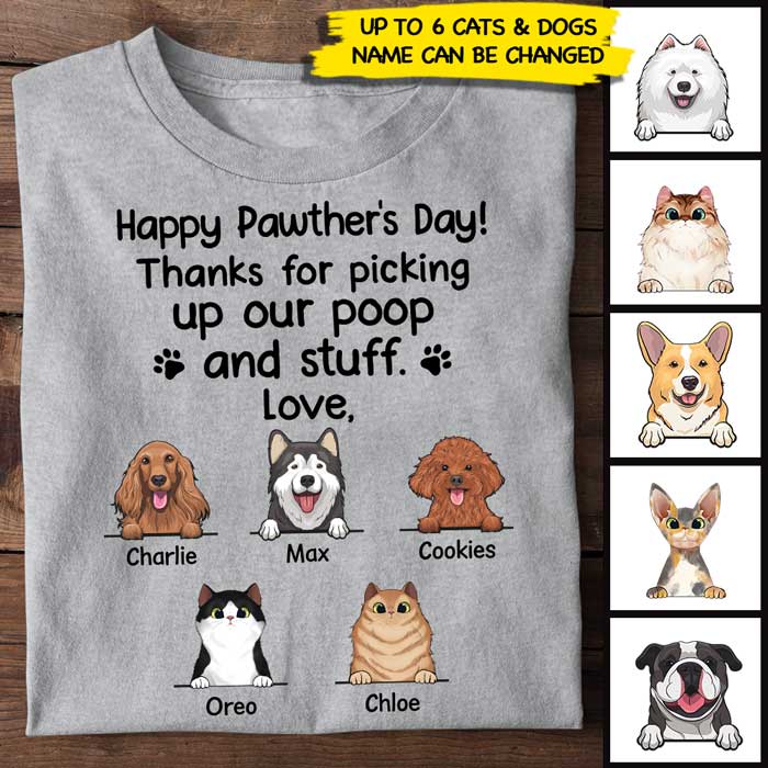 Happy Pawther's Day Thanks For Picking Up Our Poop - Personalized Unisex T-Shirt, Father's Day Gift, Custom Gift For Pet Lovers.