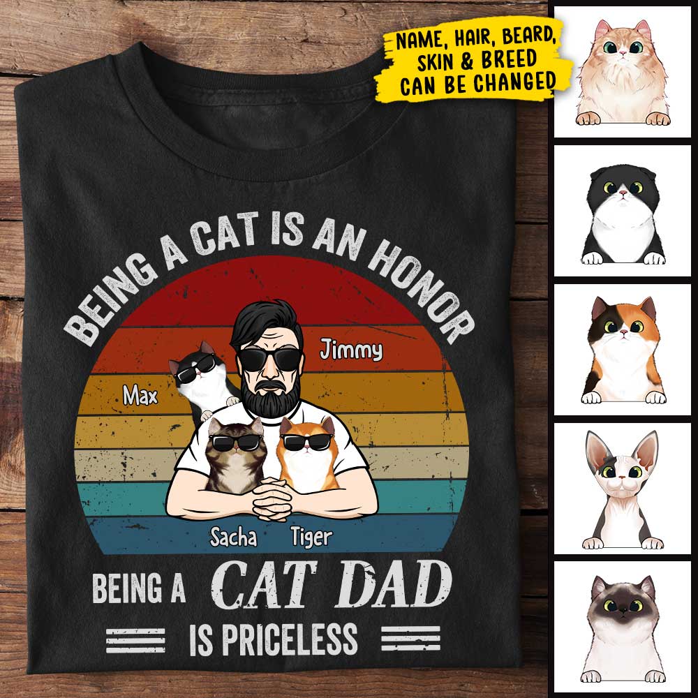 Being Cat Dad Is Priceless Cool Peeking Cats - Personalized Unisex T-Shirt, Father's Day Gift, Custom Gift For Cat Lovers.