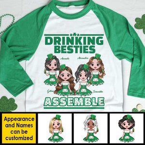 Drinking Besties Assemble -  Gift For Besties, Personalized St. Patrick's Day Unisex Raglan Shirt.