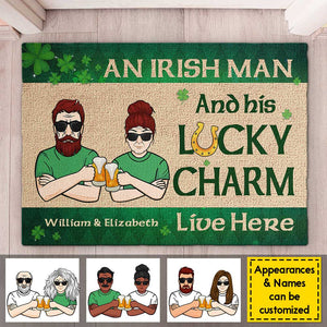 An Irish Man And His Lucky Charm Live Here - Gift For Couples, Husband Wife, St. Patrick's Day, Personalized Decorative Mat.