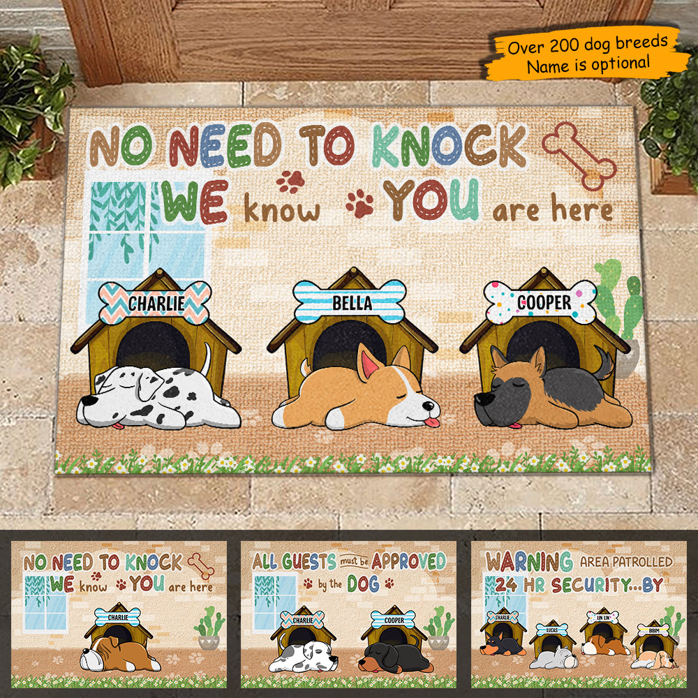 No Need To Knock We Know You're Here, Funny Sleeping Dogs - Funny Personalized Decorative Mat.