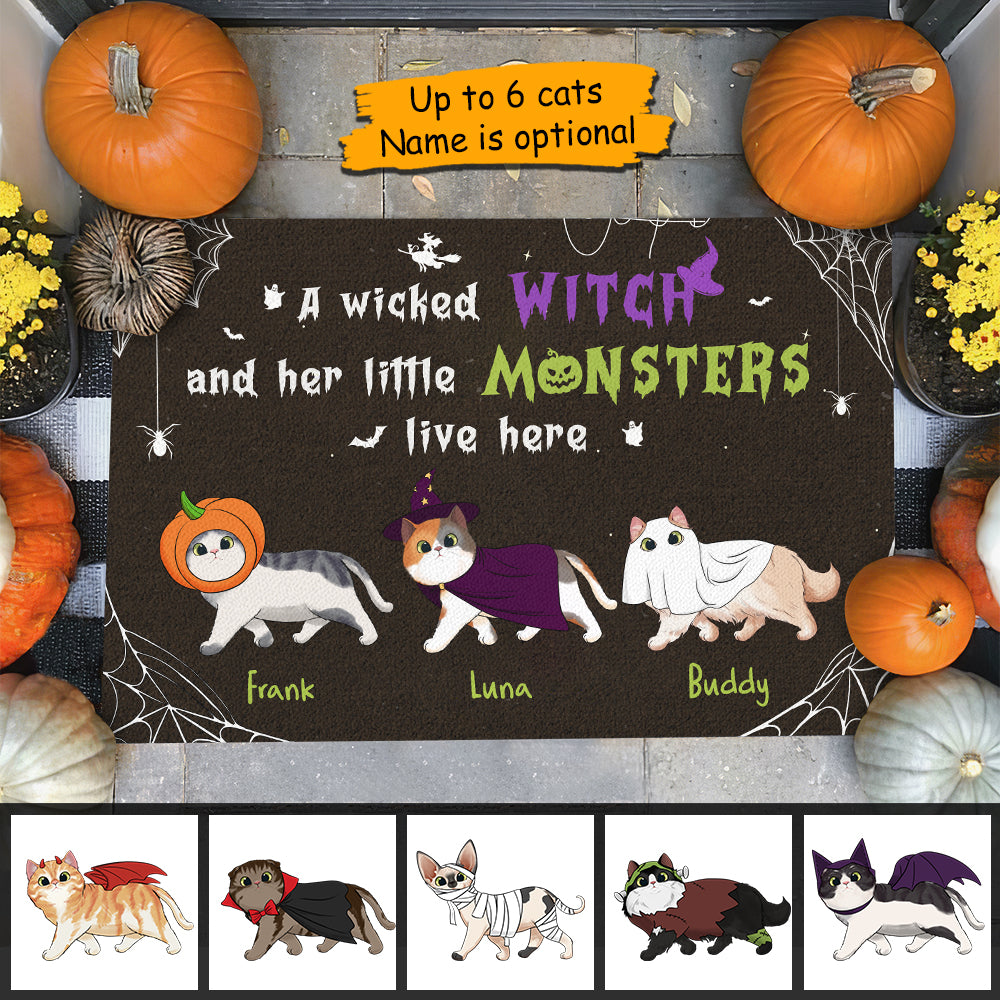 Halloween For Cats - A Wicked Witch And Her Little Monsters Live Here - Personalized Decorative Mat, Halloween Ideas.