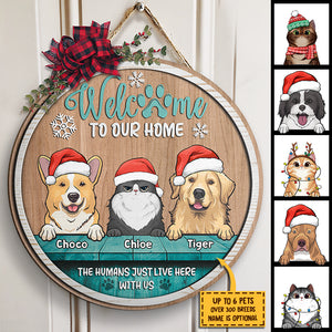 Welcome To Our Home - Christmas Dogs & Cats - Funny Personalized Door Sign.