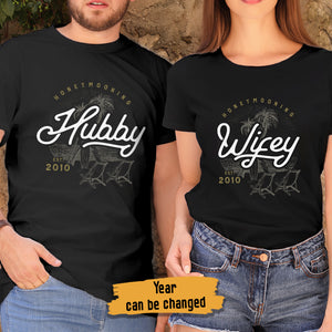 Honeymooning Hubby Wifey - Personalized Matching Couple T-Shirt - Gift For Couple, Husband Wife, Anniversary, Engagement, Wedding, Marriage Gift