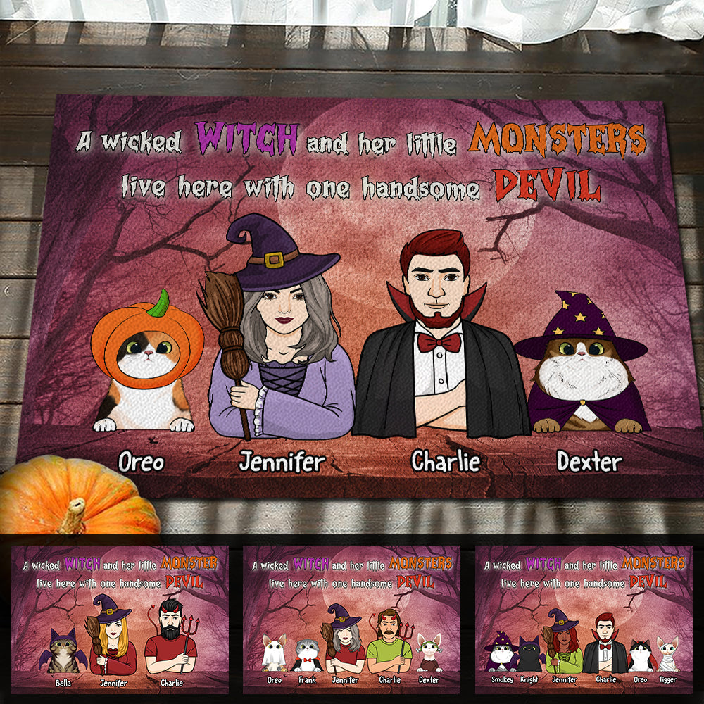 A Wicked Witch And Her Little Monsters Live Here With One Handsome Devil  - Personalized Decorative Mat, Halloween Ideas..